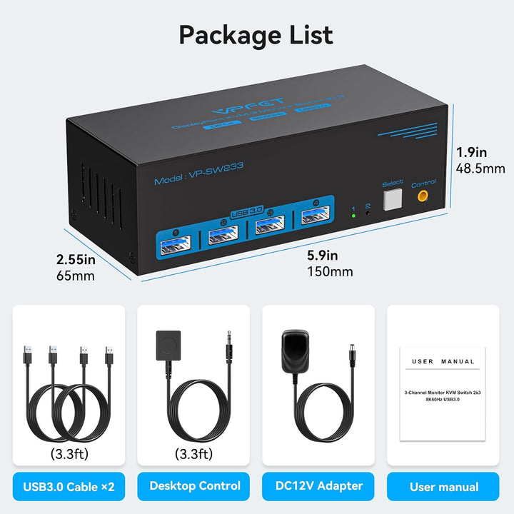 8K60Hz Displayport KVM Switch 2 PC 3 Monitore USB3.0 KVM Umschalter mit 4 USB-Anschlüssen Für Zwei C