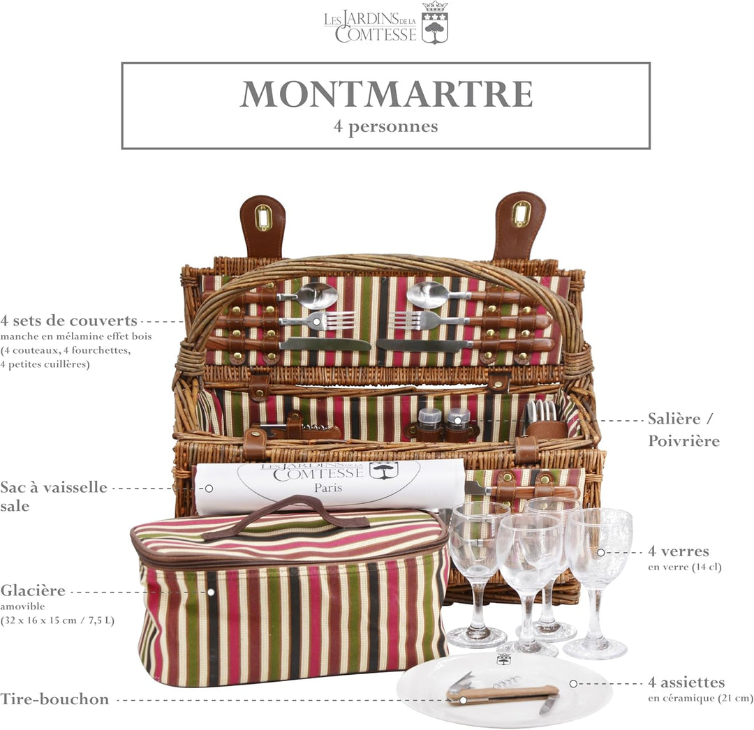 Les Jardins de la Comtesse - Picknickkorb Montmartre aus Weide - Komplett Für 4 Personen - Kühlfach