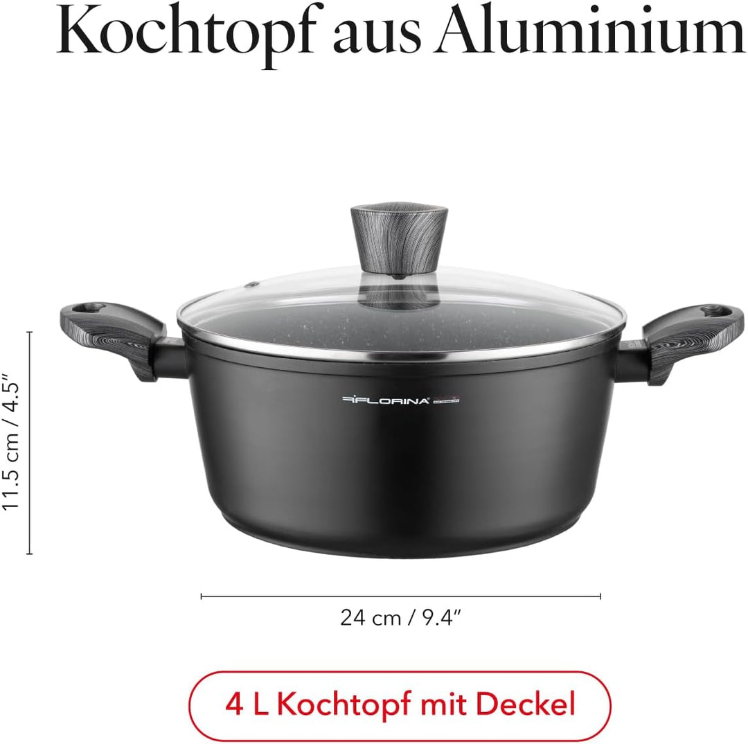 FLORINA Topf aus Aluminium (4 l) | 24 cm Durchmesser | Kochtopf mit Glasdeckel - Antihaftbeschichtet