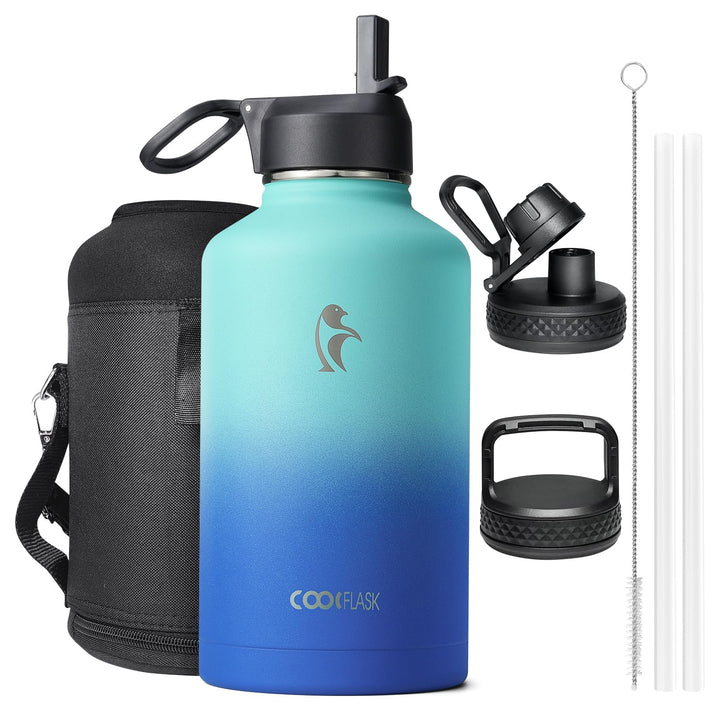 Isolierte Wasserflasche 2L, Coolflask Wasserflasche mit Strohhalm & 3 Deckeln, Edelstahl Isolierte t