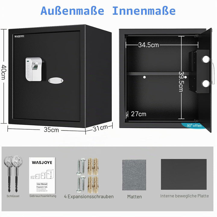 WASJOYE 38.08L Fingerabdruck Tresor Safe, Gross Tresor mit Zahlenschloss, Biometrischer Möbeltresore