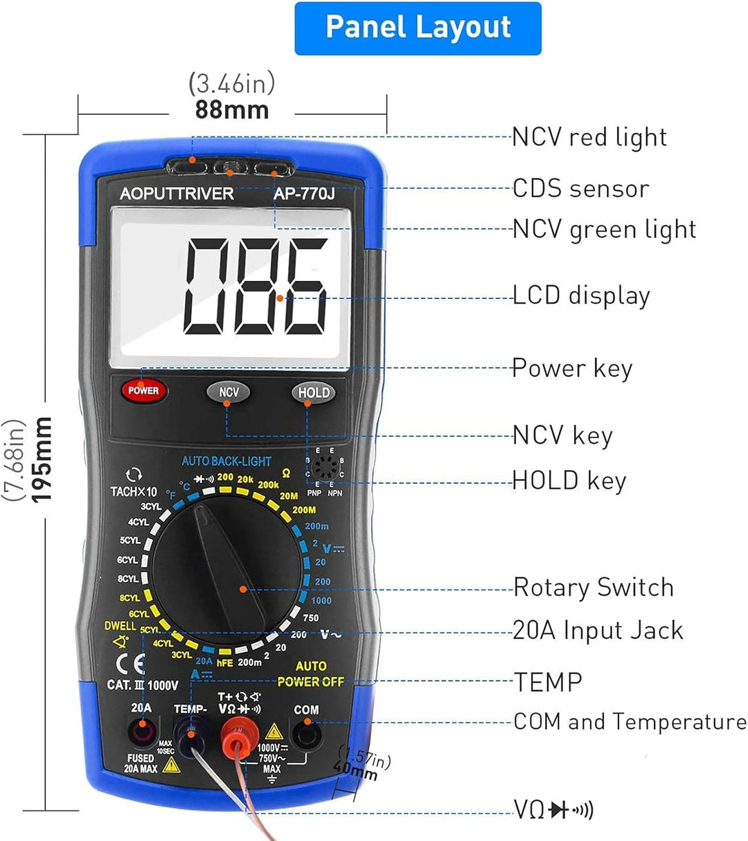 Automotive Multimeter AP-770J Auto Digital Multimeter manueller Streckenauto-Multitester Voltage Det