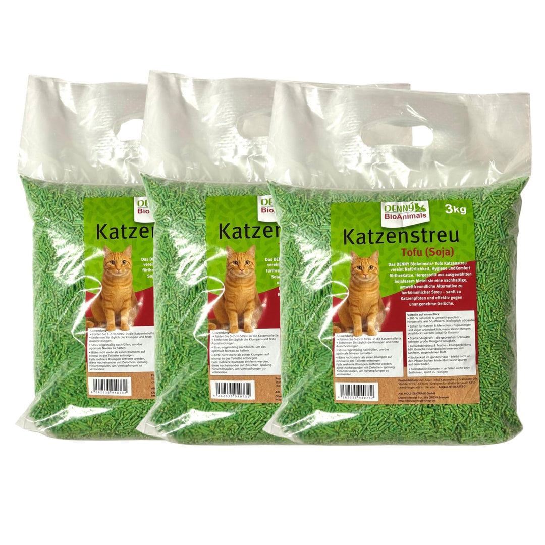 Tofu Katzenstreu 9 kg (3 Säcke je 3 kg), 24 L, – 100% natürlich &amp; biologisch abbaubar – Ultra saugst