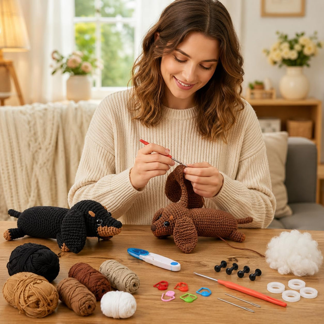 Houkiper Häkelset für Anfänger, Häckel Kit für Anfänger Tiere Häkeln Set Dackel Hund Crochet Set mit