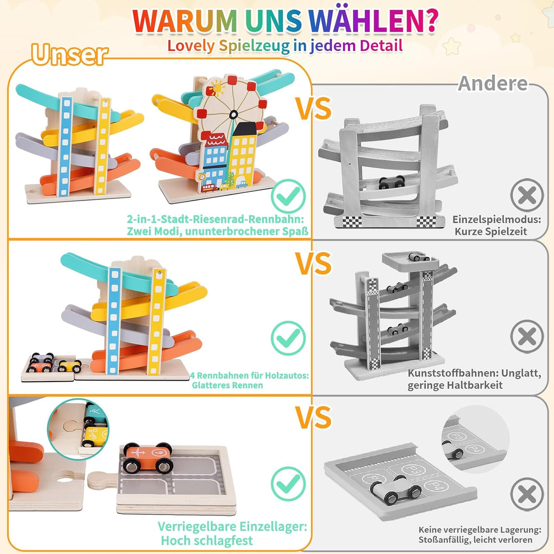 FCSONU Kinder Montessori Spielzeug ab 1-4 Jahre, Autorennbahn/Murmelbahn/Kugelbahn Holz ab 1 Jahr, K
