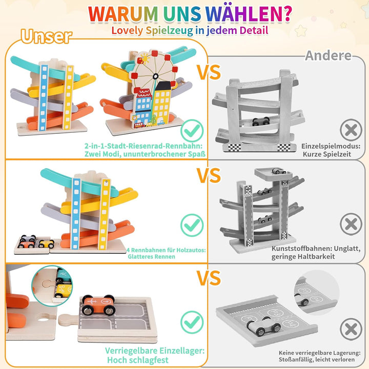 FCSONU Kinder Montessori Spielzeug ab 1-4 Jahre, Autorennbahn/Murmelbahn/Kugelbahn Holz ab 1 Jahr, K