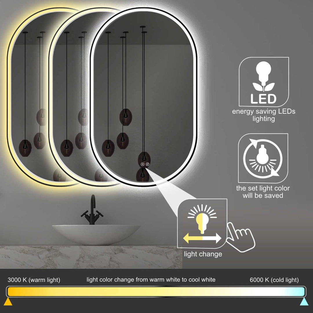 Apjeoy LED Badspiegel Oval 45 x 75 cm Wandspiegel Antibeschlage matt schwarz Metallrahmen Beleuchtun