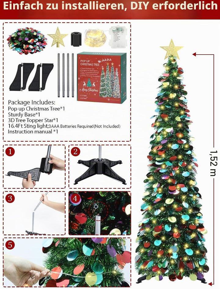 HMASYO 150 cm Pop-Up Lametta Weihnachtsbaum mit 50 Timer-Lichtern, Buntes Grün Zusammenklappbarer Kü