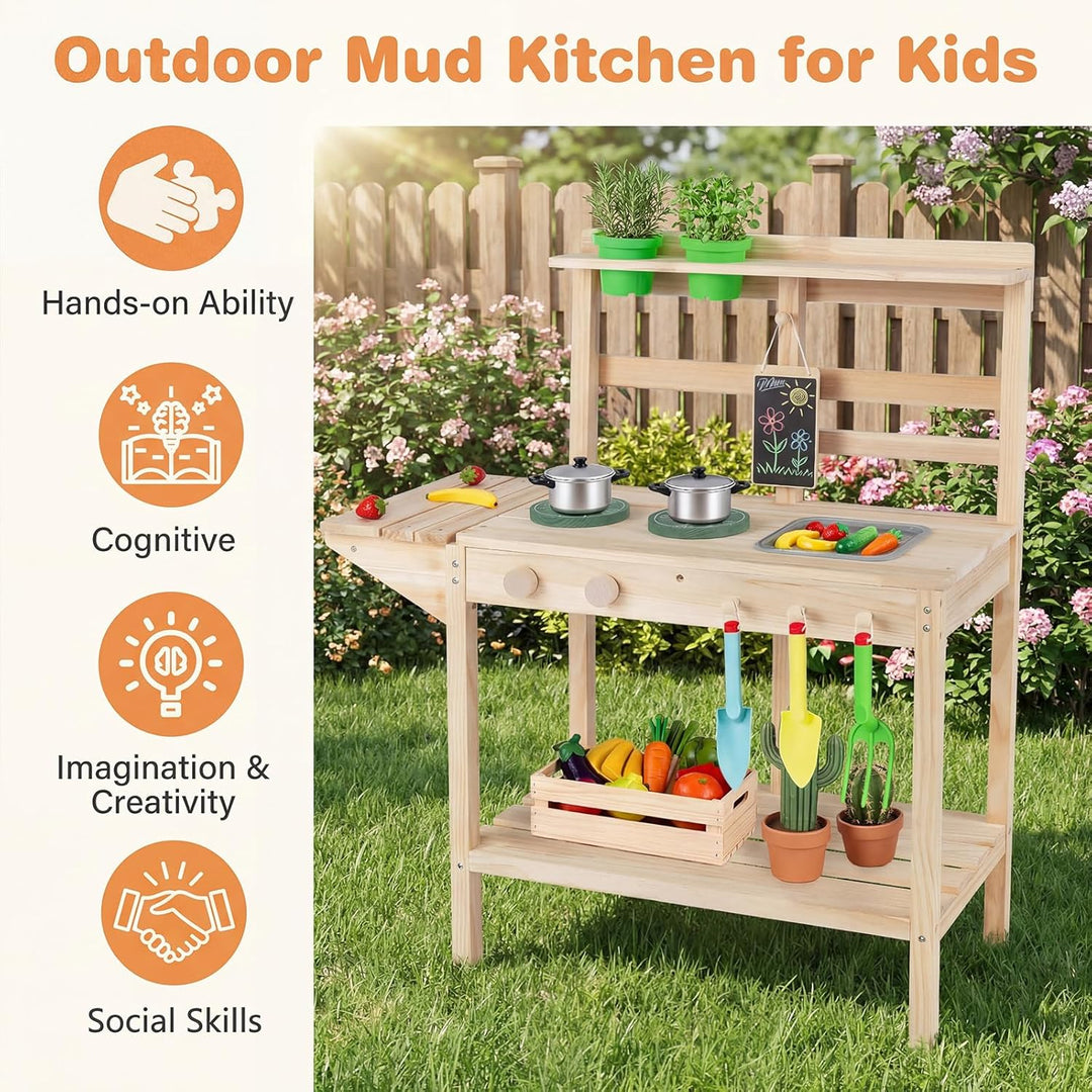 HOMASIS Kinderspielküche, Outdoor-Matschküche mit Herd, Spüle, Drehknöpfen und Kreidetafel, Kochspie