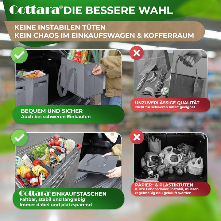 COTTARA® grosse Einkaufstasche faltbar 3er Pack & Obstnetz – stabiler grosser Einkaufskorb faltbar m