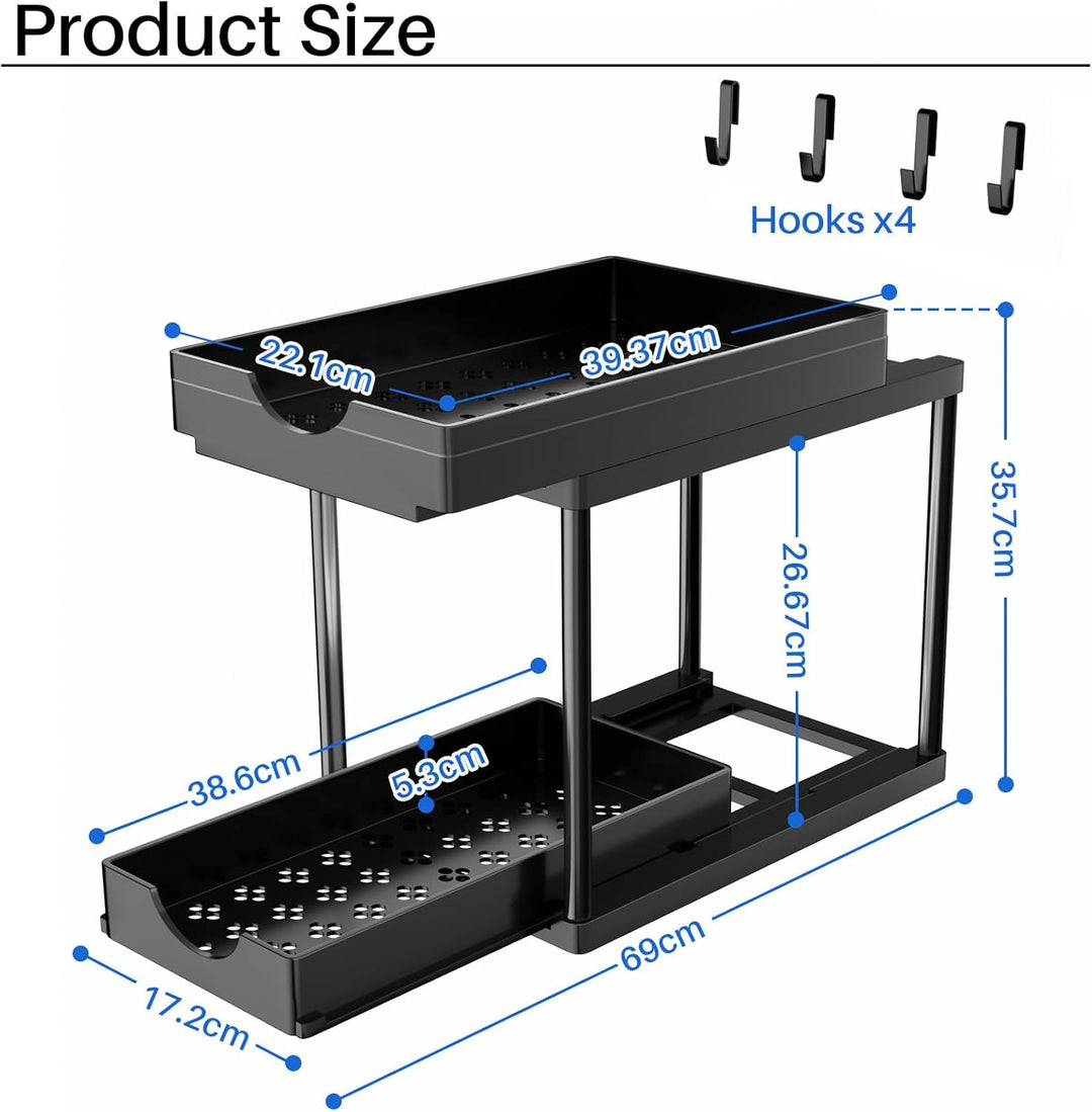 ARSTPEOE Küchen Organizer - Unter Waschbecken Regal - 2 Etagen Schrank Organizer mit 4 Haken, Schubl