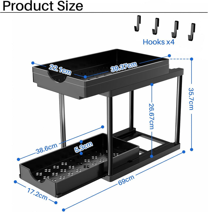 ARSTPEOE Küchen Organizer - Unter Waschbecken Regal - 2 Etagen Schrank Organizer mit 4 Haken, Schubl