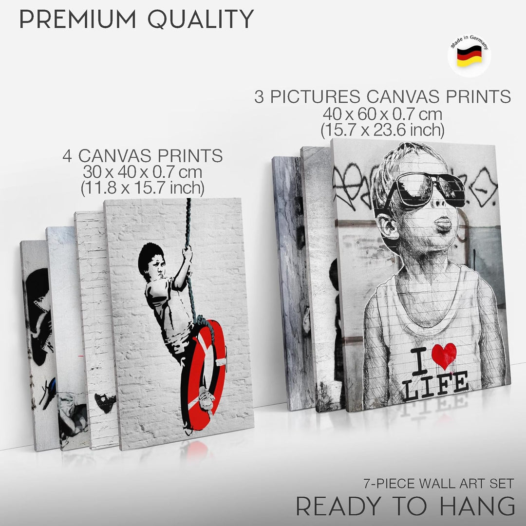 Novart Wandbilder Banksy Collage - KOMPLETT AUFHÄNGFERTIG - Street Art Grau Wohnzimmer Büro Loft - 7