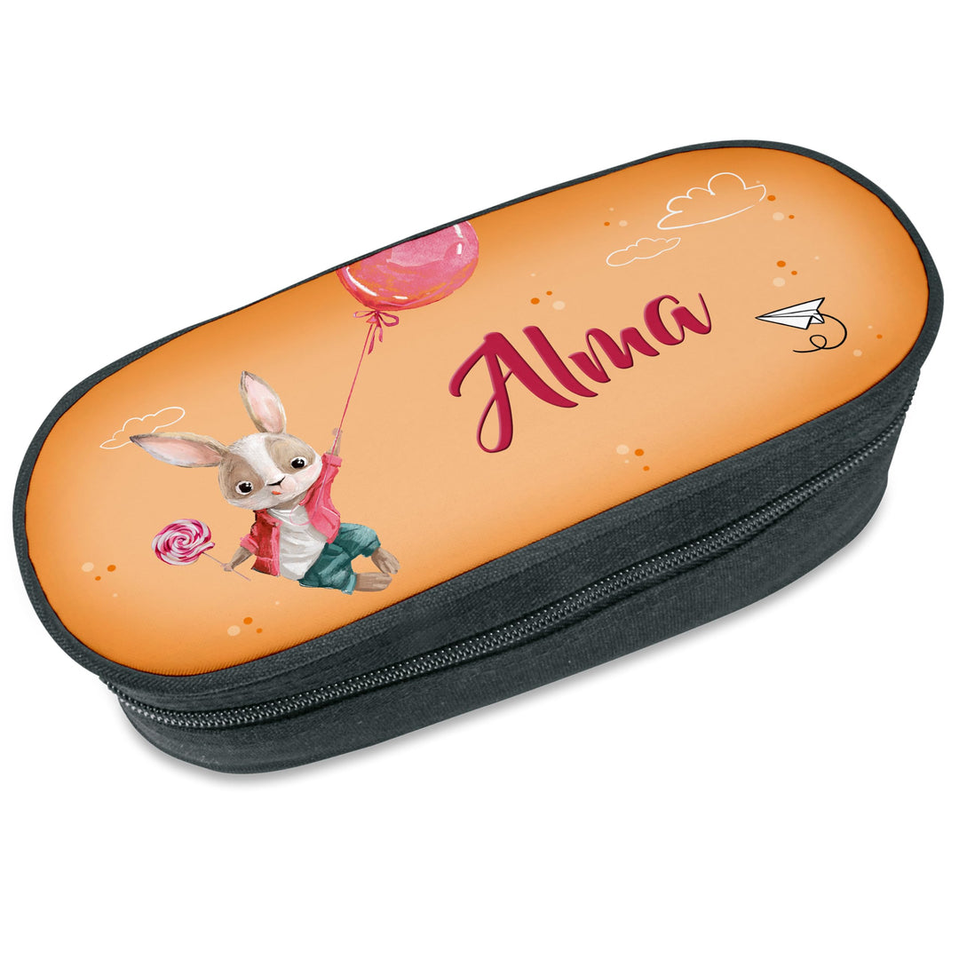 Federmäppchen Hase mit Name personalisiert, niedliche Federmappe orange Stiftebox, Federtasche, Gesc