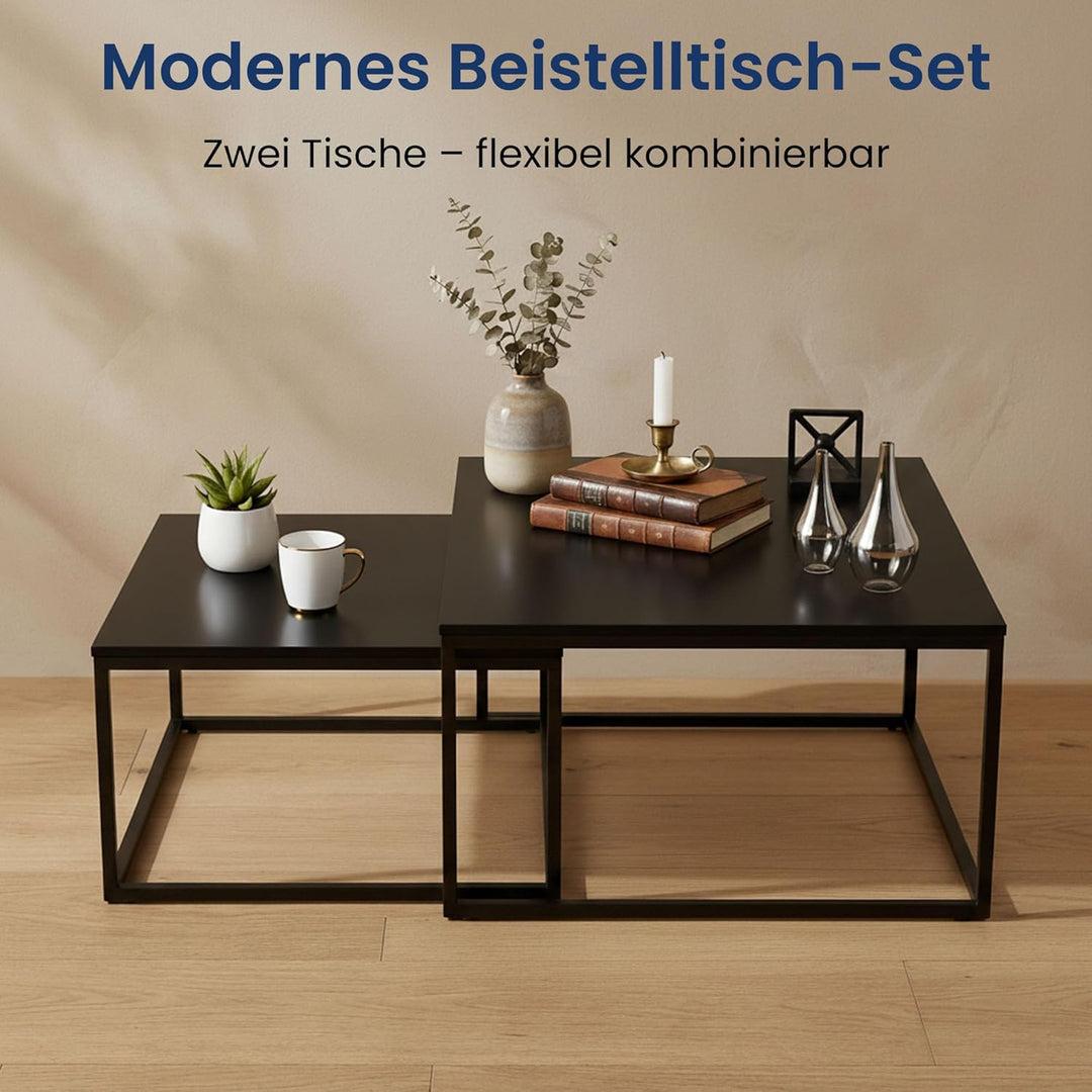Couchtisch 2er Set quadratisch schwarz aus Holz, Wohnzimmertisch Modern, Beistelltisch Set 2 in 1 mi
