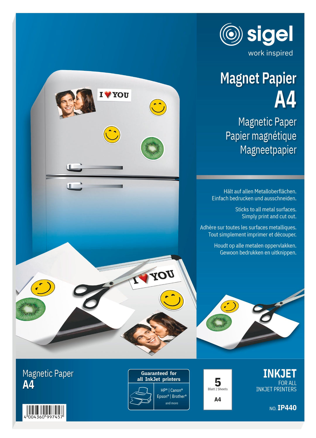 SIGEL IP440 bedruckbares Magnet-Papier / Magnetfolie für InkJet, A4, 5 Blatt, weiss