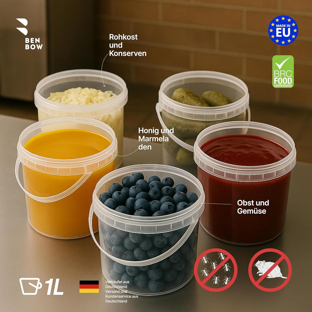 Eimer mit Deckel 100x 1l transparent - lebensmittelecht, stabil, luftdicht - Plastikeimer mit Henkel