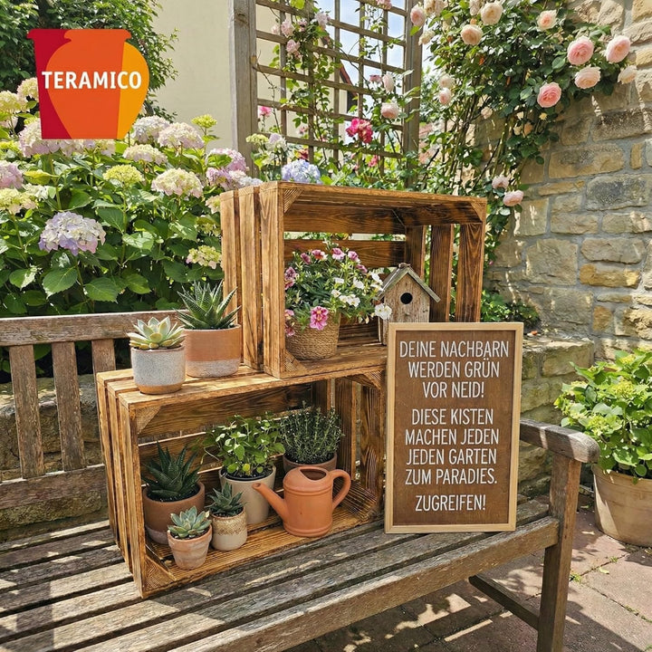 Teramico Vintage Holzkisten 40 x 30 x 25cm geflammt | Weinkisten &amp; Obstkisten | Set-Angebote (3er Se