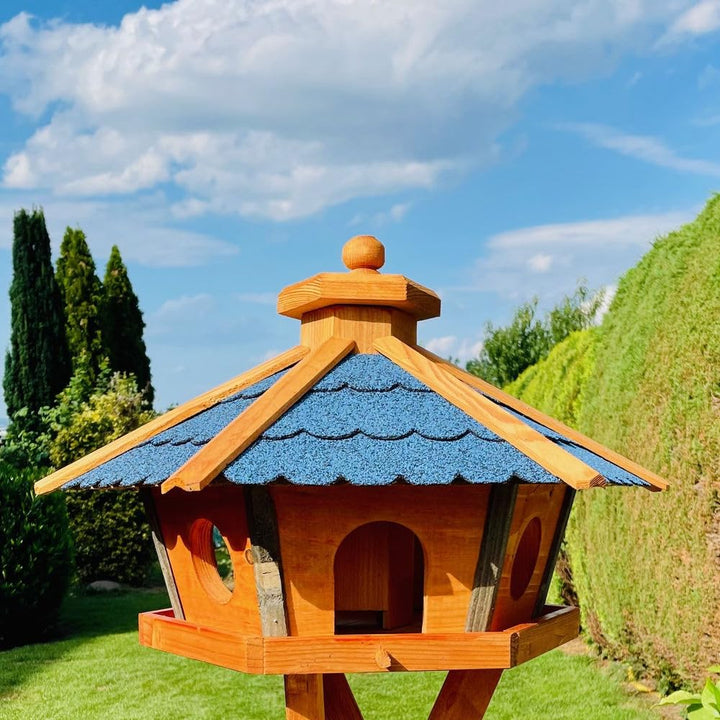 Vogel Futter Haus L oder XL Sechseck Holz Vogelhaus Futterstelle Braun/Blau, Rot, Schwarz und Grün (