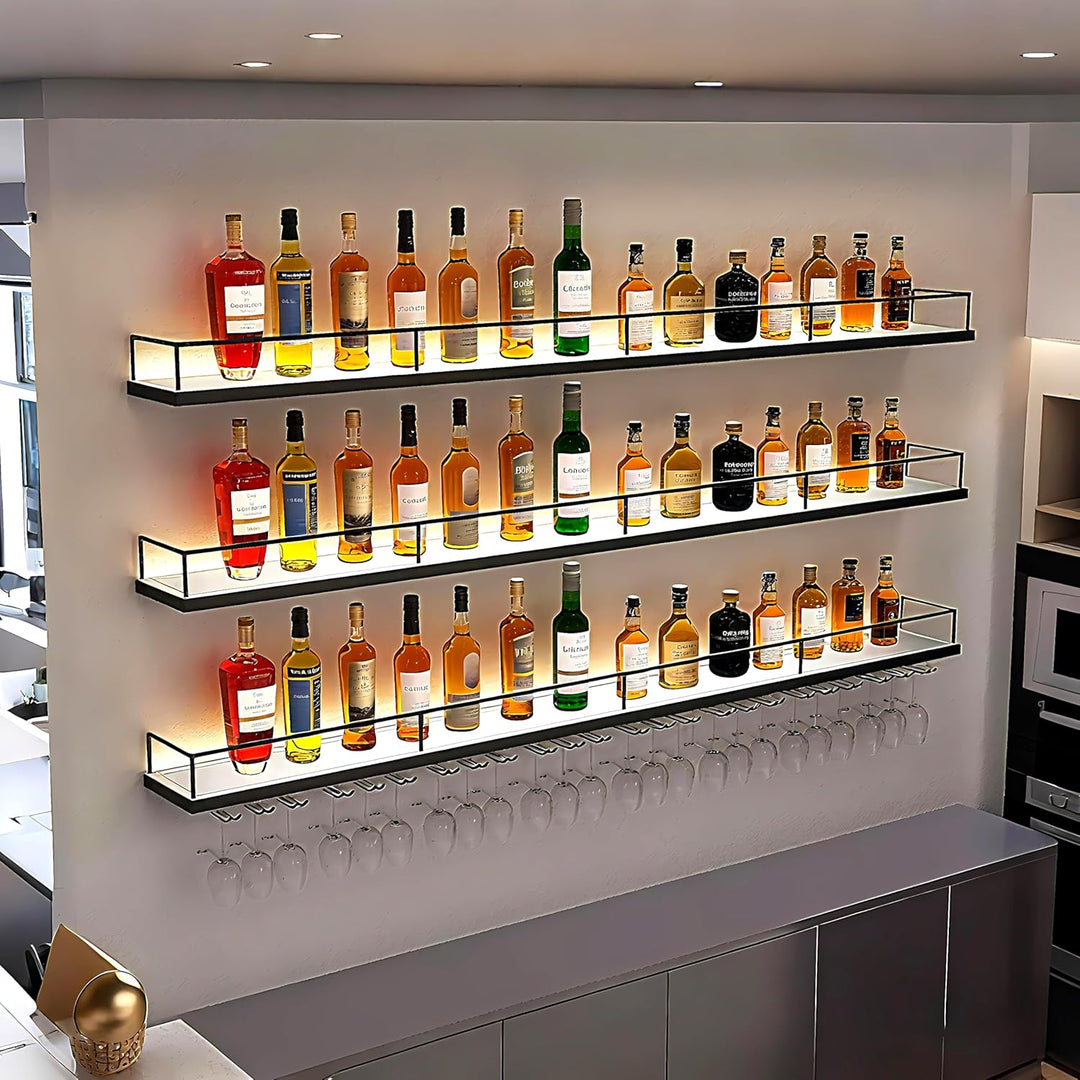 140CM Modernes Wand Weinregal Metall, 3 Ebenen Wandmontage Wine Display-Ständer mit Glashalter, Schw