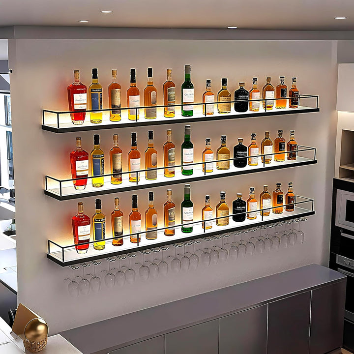 140CM Modernes Wand Weinregal Metall, 3 Ebenen Wandmontage Wine Display-Ständer mit Glashalter, Schw