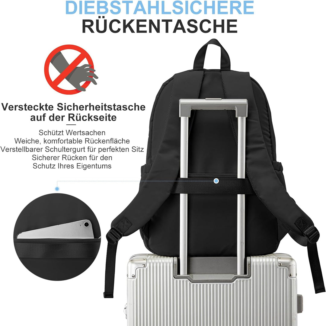 Schwarzer Rucksack Damen Herren, Leichter Schulrucksack Teenager Mädchen Jungen, Wasserabweisend Uni