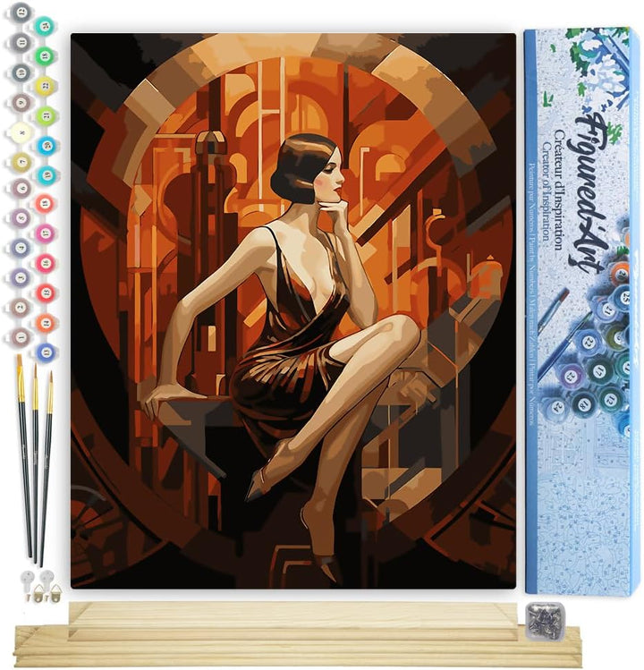 Figured'Art Malen Nach Zahlen Erwachsene Mit Rahmen Sitzende Art-Deco-Frau - Paint by Numbers Bastel