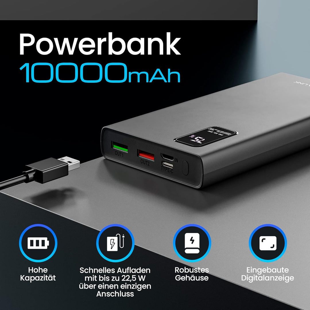 Powerbank 10000mAh Powerbank Schnellladefunktion bis zu 22,5W Power Bank USB C Robustes Gehäuse Lith