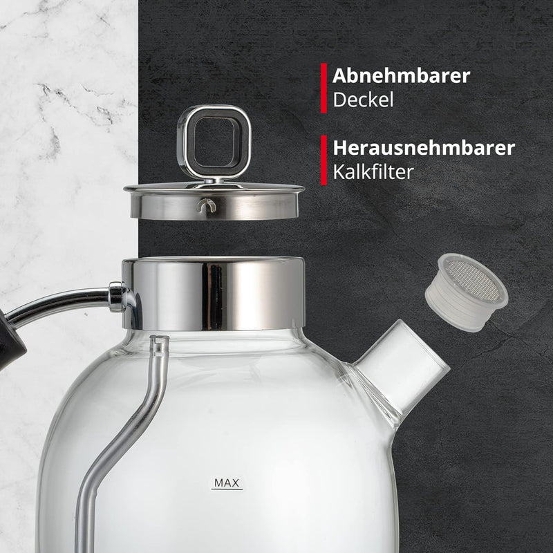 Meisterkoch Kessel-Wasserkocher WK-161G aus Glas, 1,6 Liter, Kalkfilter, Wasserstandsanzeige, Öffnen