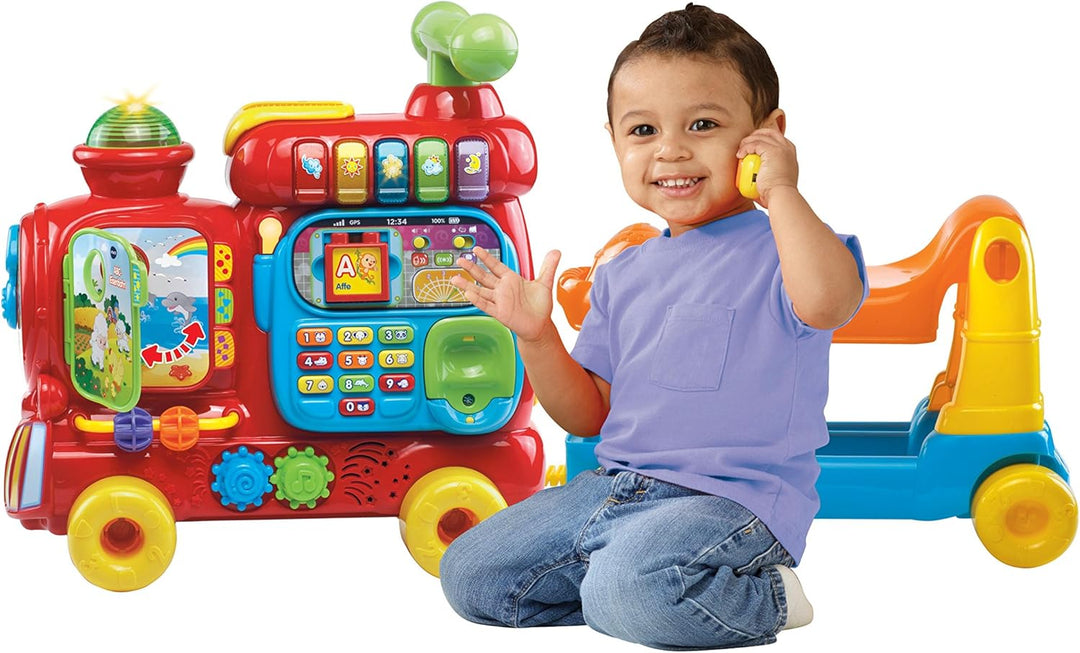 VTech Baby ABC-Eisenbahn – Rutschfahrzeug, Zieh- oder Laufwagen und Spielboard mit Zahlen, Buchstabe