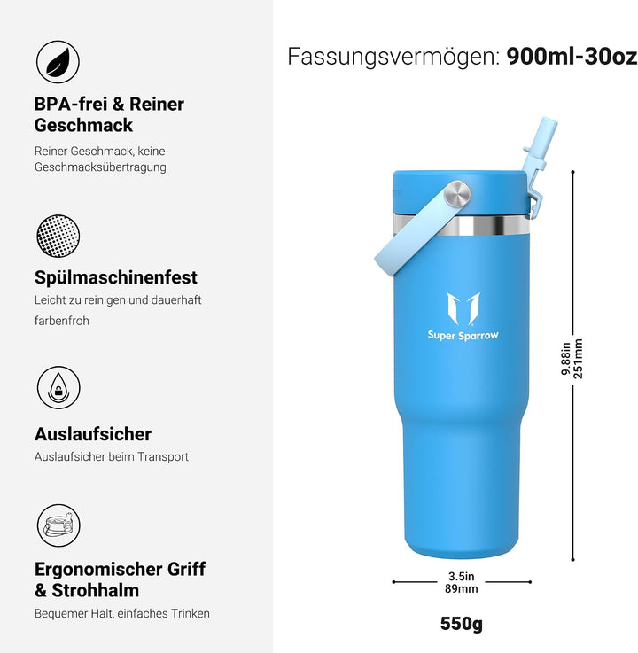 Sparrow Trinkflasche Edelstahl - Twistpath Thermosflasche mit Flex-Strohhalmdeckel - 900ml - BPA-fre