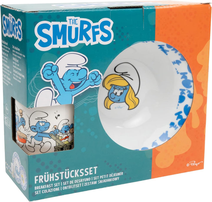 Die Schlümpfe Frühstücksset für Kinder - Geschirr Set 3-tlg. Teller, Schale & Tasse aus Porzellan Bl