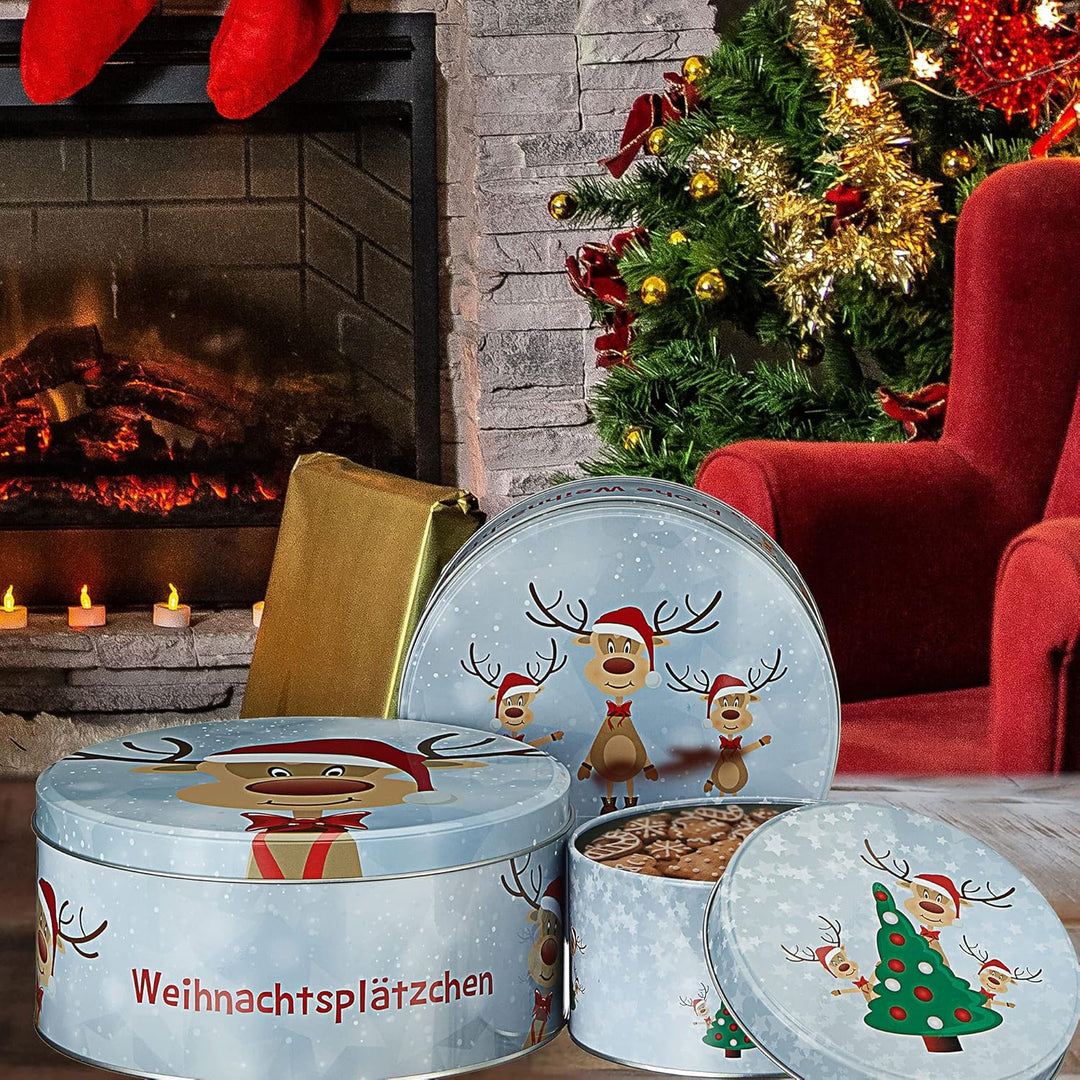 Cepewa Gebäckdose Rentier Ole 3er Set Weihnachten | 3 Grössen rund Metall | Aufbewahrung Weihnachtsg
