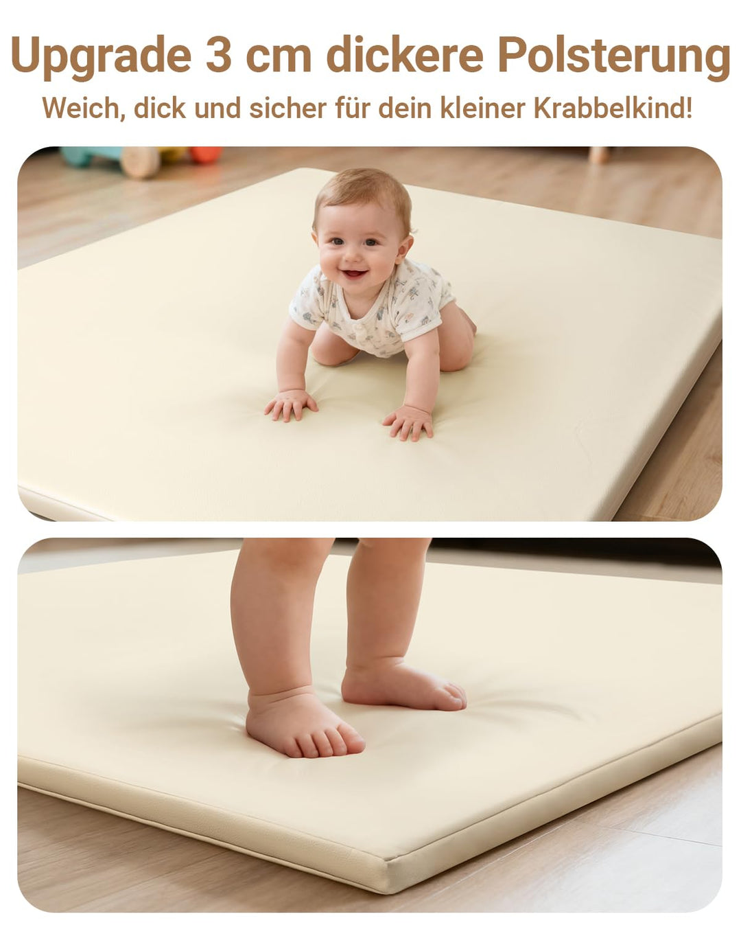 Wasserdicht Krabbelmatte Baby 127x127x3cm,Beige Kunstleder Spielmatte Baby,Schaumfüllung Teppich kin