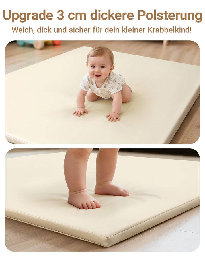 Wasserdicht Krabbelmatte Baby 127x127x3cm,Beige Kunstleder Spielmatte Baby,Schaumfüllung Teppich kin
