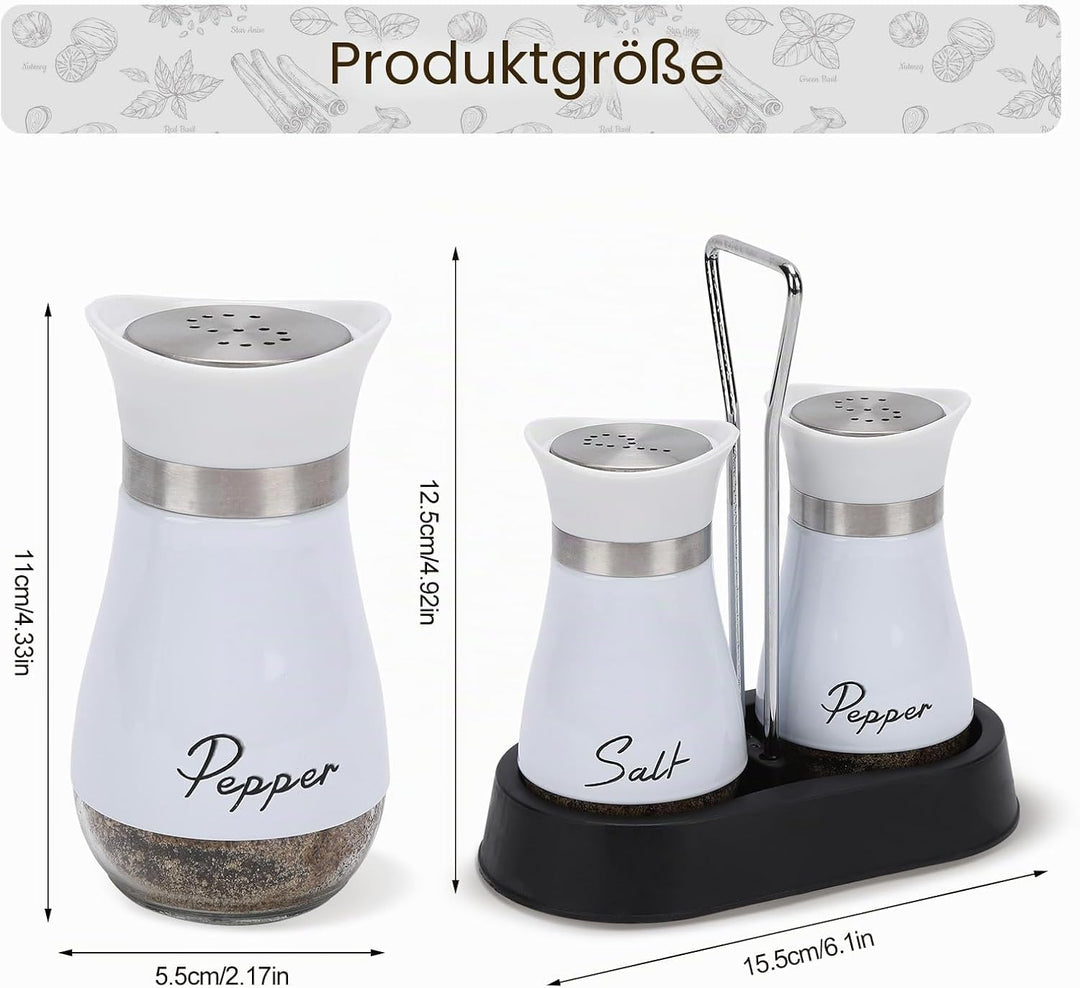Salz und Pfefferstreuer Set, Salz und Pfefferstreuer Set mit Halter, 2 Stück Edelstahl und Glasflasc