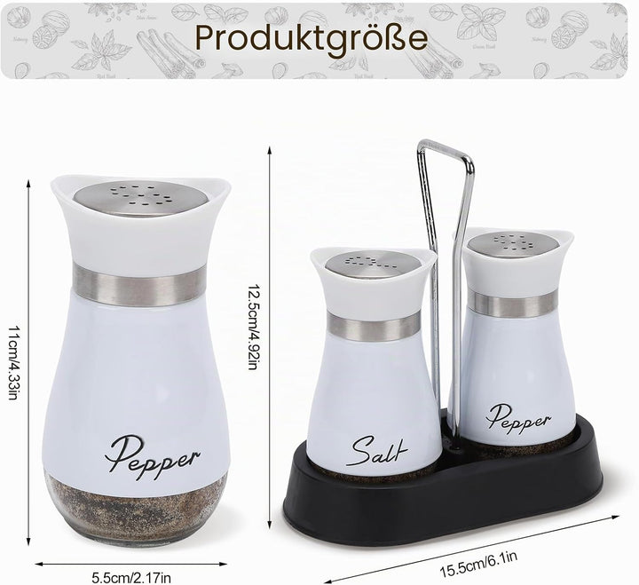 Salz und Pfefferstreuer Set, Salz und Pfefferstreuer Set mit Halter, 2 Stück Edelstahl und Glasflasc