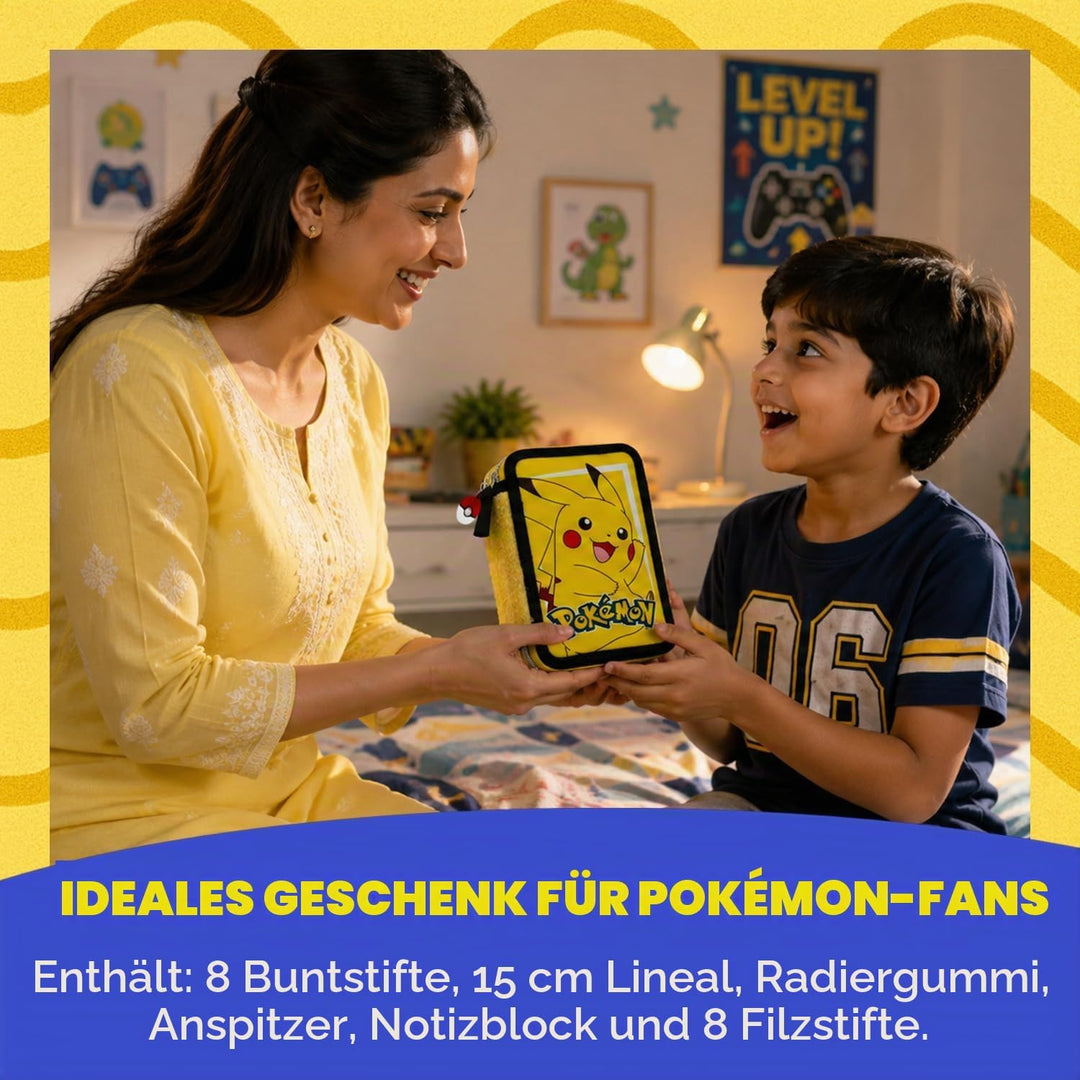 Pokémon Pikachu Federmäppchen mit Doppel-Fach – Komplettes Schulmäppchen mit Buntstiften, Filzstifte