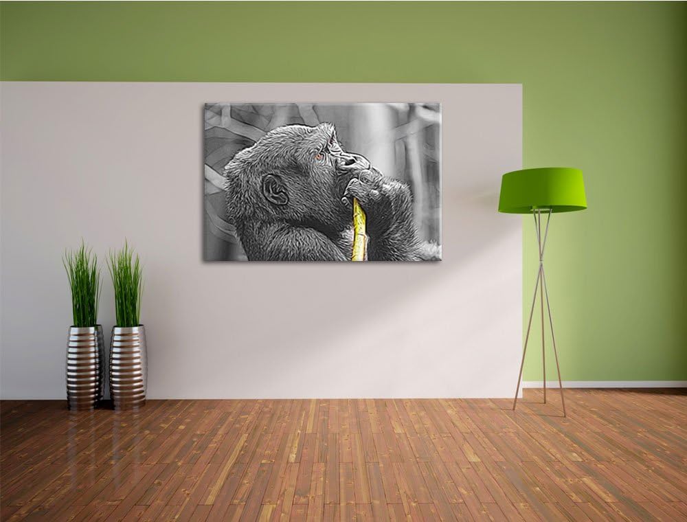 stolzer Gorilla isst schwarz/weiss Deluxe Format: 100x70 cm auf Leinwand, XXL riesige Bilder fertig