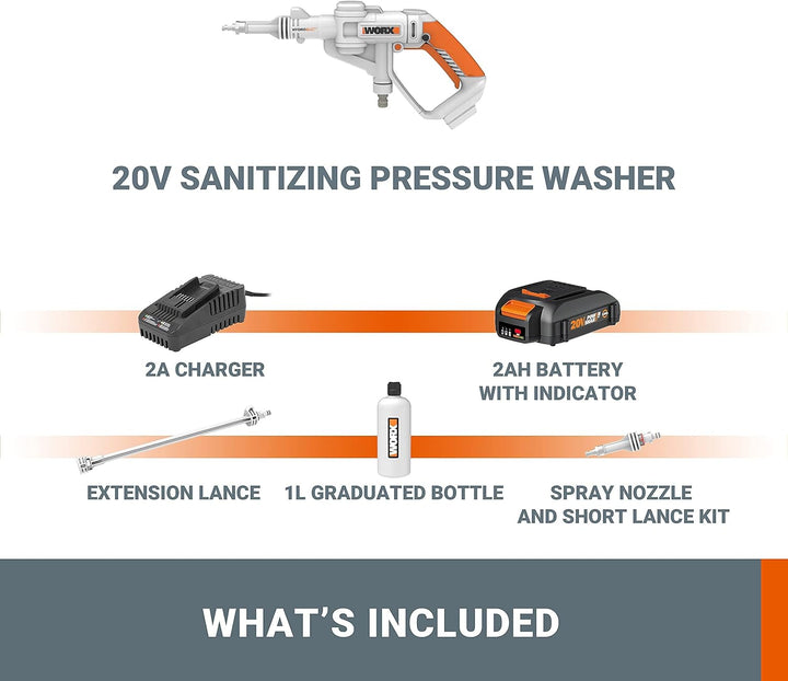 WORX WP650E Hydroshot Akku Drucksprühgerät 20V mit feinem Sprühnebel und 1L Flaschentank – inkl. 2Ah