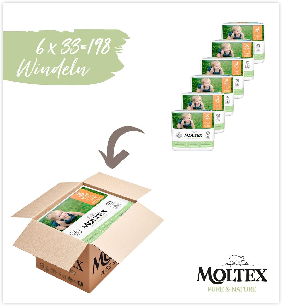 Moltex Pure & Nature Öko Windeln Grösse 3 Midi (4-10 kg) Monatsbox 198 Bio Windeln Grösse: 3, Gr