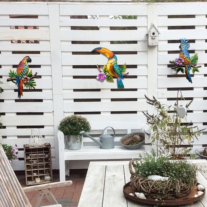J-Fly Metall Papagei Wanddekoration - Tropische Outdoor Wandkunst für Terrasse, Zaun, Garten, Zuhaus