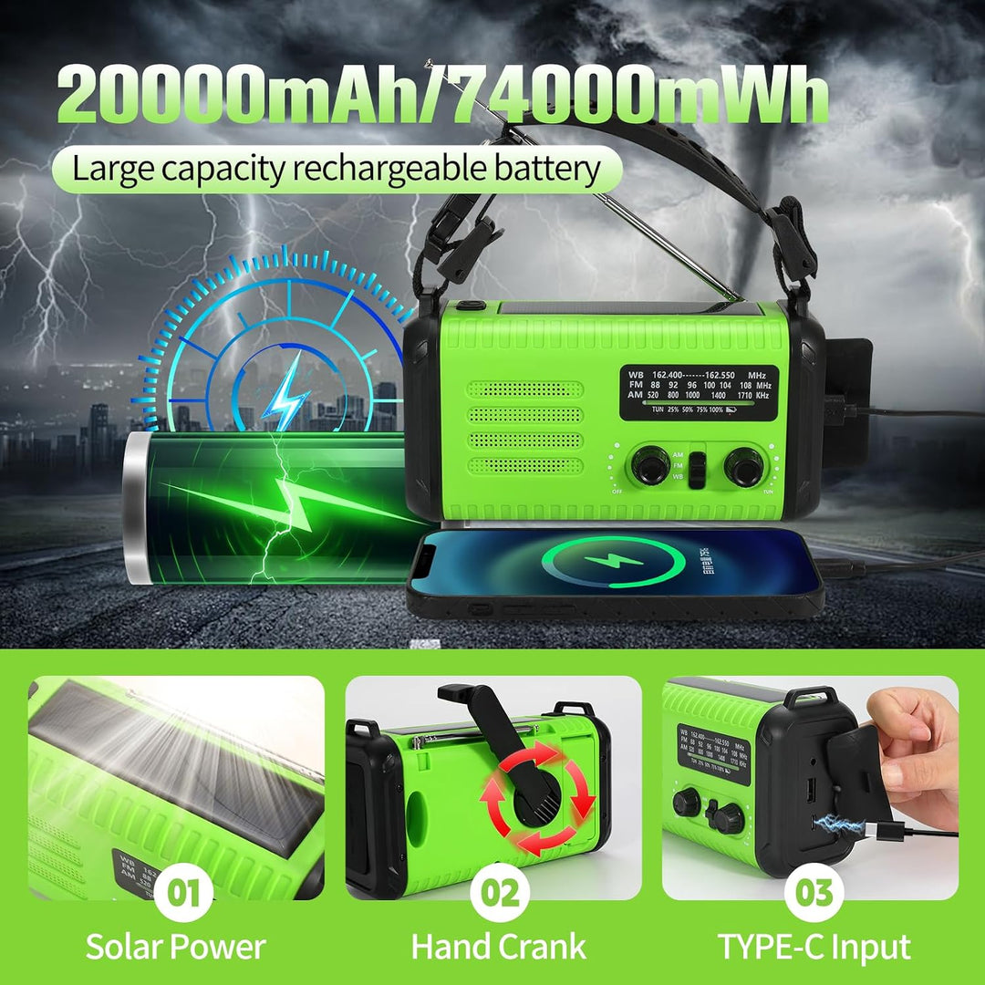 Notfall-Solar-Kurbelradio mit 20.000 mAh, AM/FM NOAA tragbares Wetterradio mit USB-Aufladung, Handy-