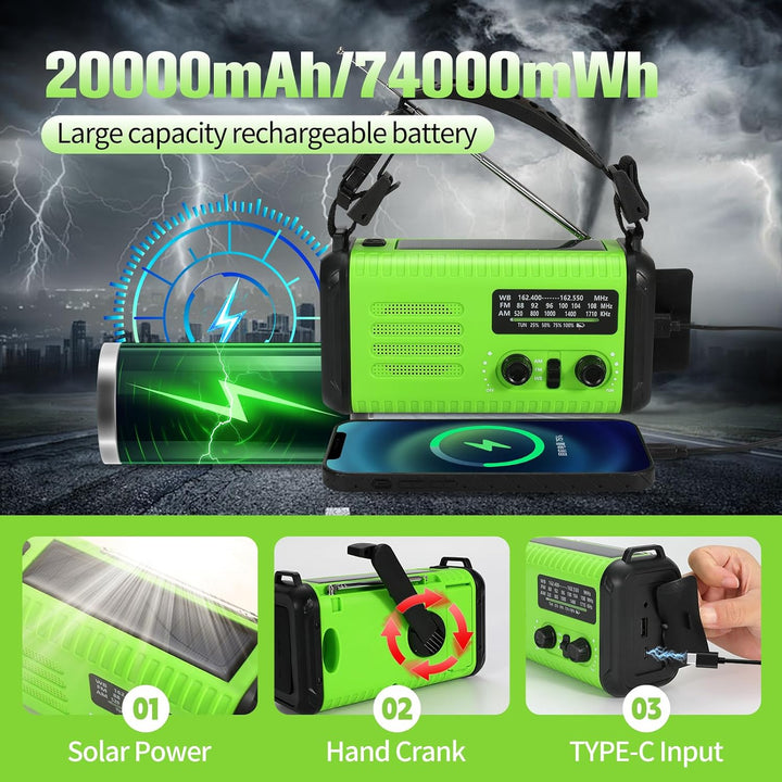 Notfall-Solar-Kurbelradio mit 20.000 mAh, AM/FM NOAA tragbares Wetterradio mit USB-Aufladung, Handy-