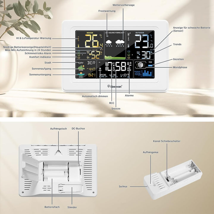 Geevon Wetterstation mit DCF Funkaussensensor, Farb VA Display, Wettervorhersage und Komfortanzeige,