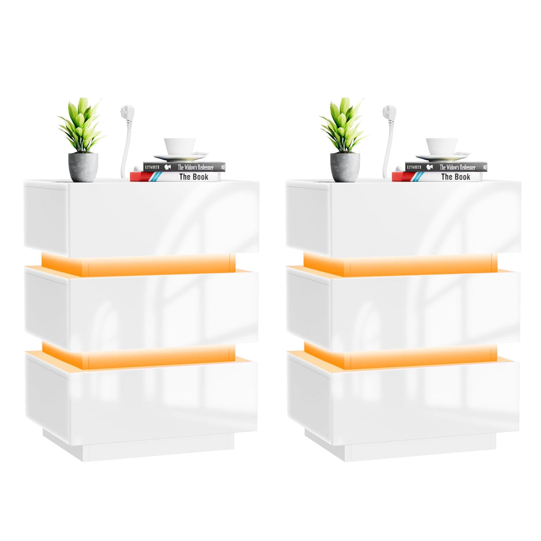 PIPIPOXER 2er Set Nachttisch Weiss, Nachttisch mit Led Steckdose & USB, Nachttisch 3 Schubladen 16 F