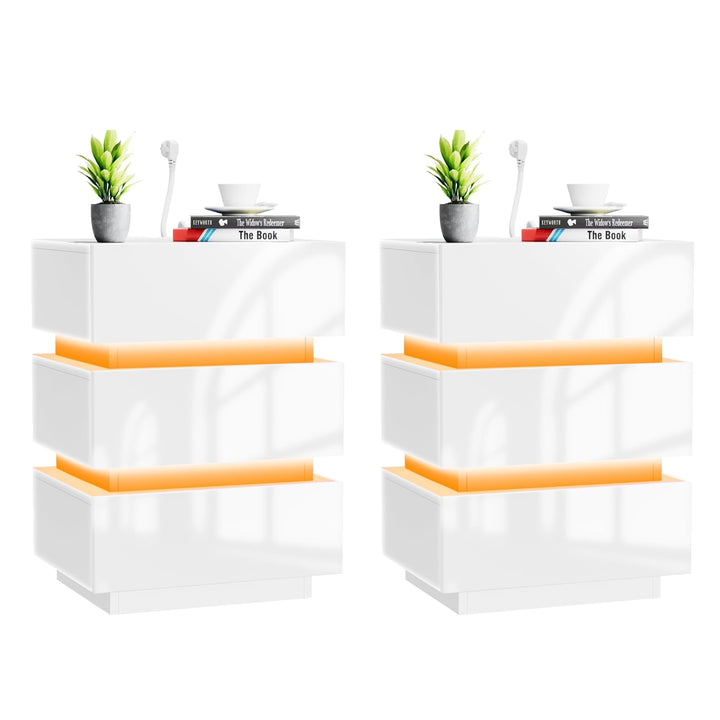 PIPIPOXER 2er Set Nachttisch Weiss, Nachttisch mit Led Steckdose & USB, Nachttisch 3 Schubladen 16 F