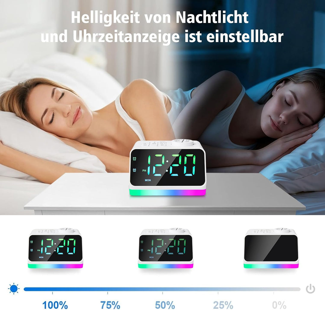 Digitaler Radiowecker für das Schlafzimmer – 8-farbiges Nachtlicht (0-100% dimmbar), Doppelalarm mit