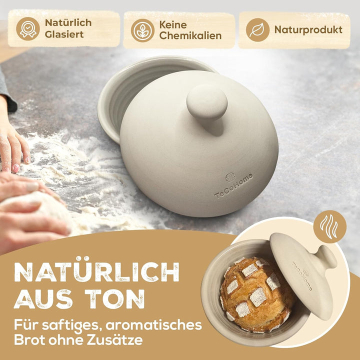 Brotbackform mit Deckel aus Naturton | Brotbacktopf & Brottopf zum Brot backen | Tontopf mit Deckel
