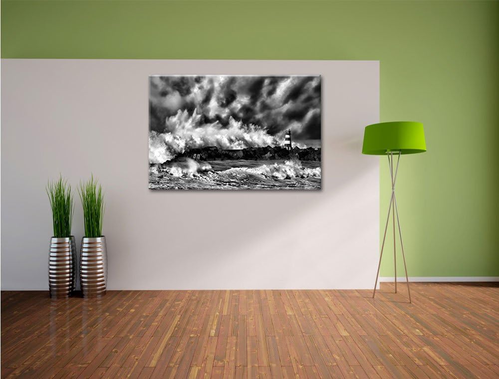 Pixxprint Tobendes Meer mit Leuchtturm / 100x70cm Leinwandbild bespannt auf Holzrahmen/Wandbild Kuns